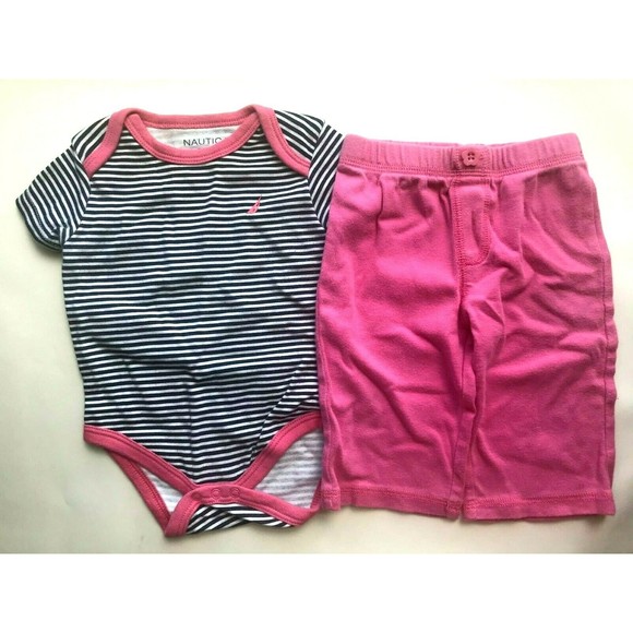Girl's Size 6M 3-6 Months Two Piece Navy Striped Nautica Top, Pink Old Navy Pant - Picture 1 of 5